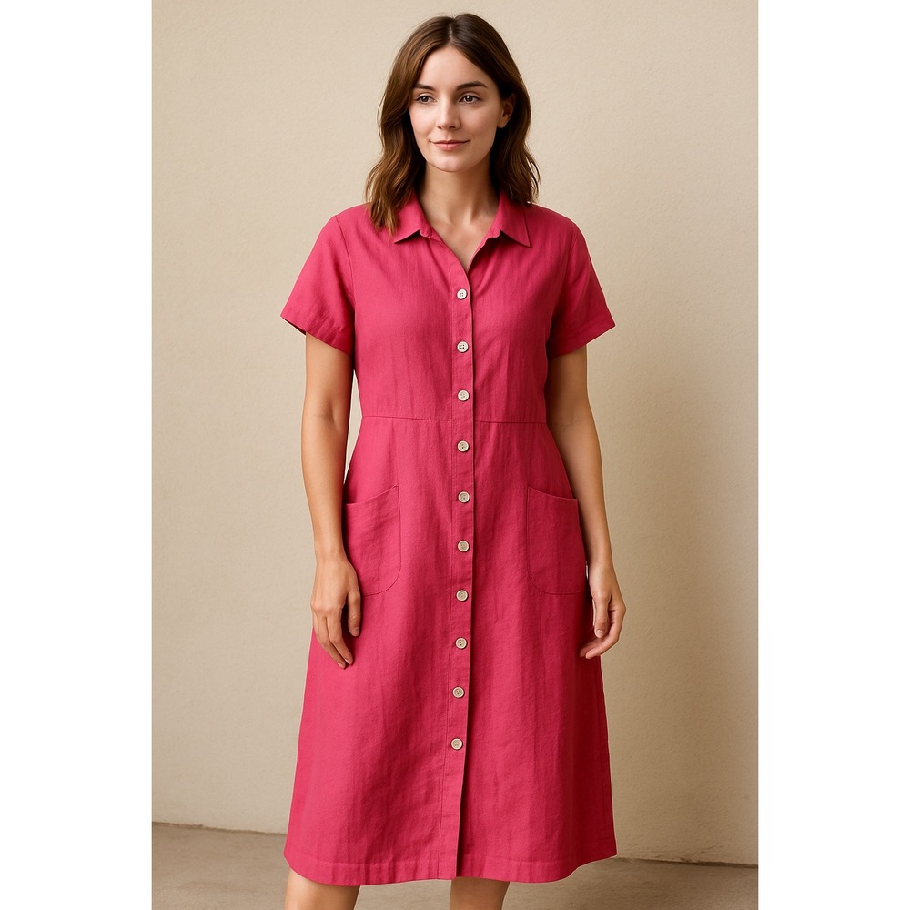 FADS Pink‎ Linen Button Front Shirt Dress Pockets Petite 14P Summer Midi minimal
